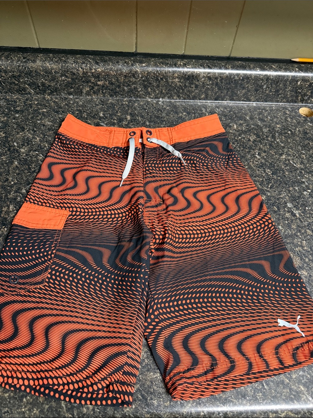 Puma Power Boys Orange and Black Wave Print Swim Trunks